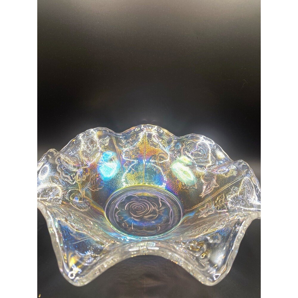 Vtg 1970s LE Smith Lustre Rose Ice White Carnival Glass Ruffled Bowl Signed S